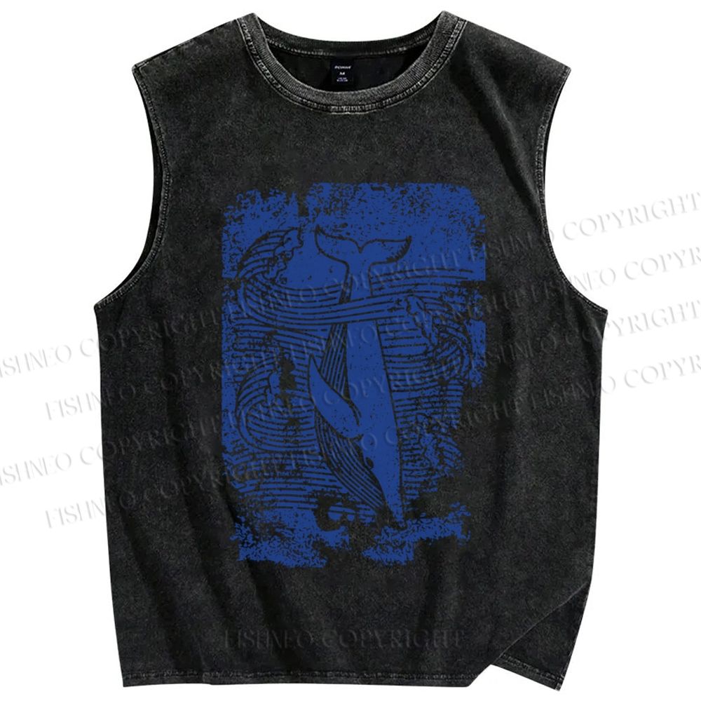 Unisex Vintage Wave Whale Printed Washed Tank Top