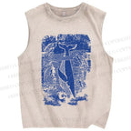 Unisex Vintage Wave Whale Printed Washed Tank Top