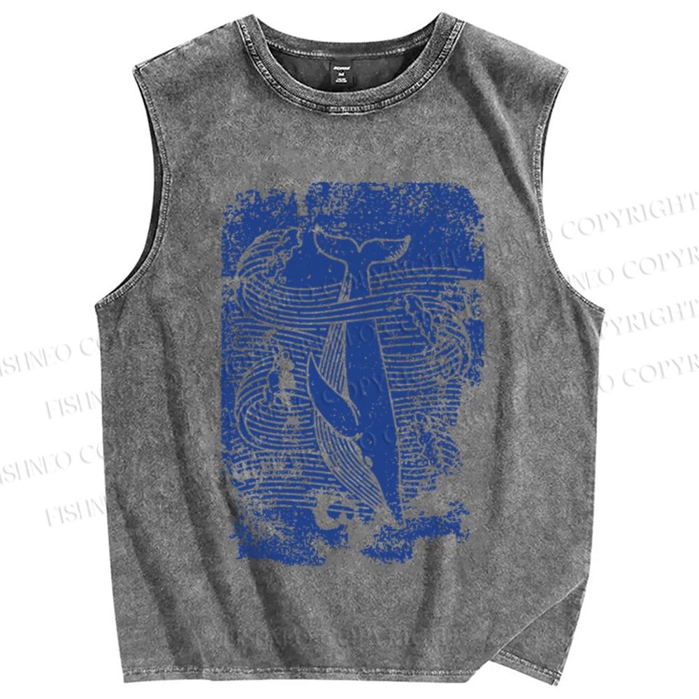 Unisex Vintage Wave Whale Printed Washed Tank Top
