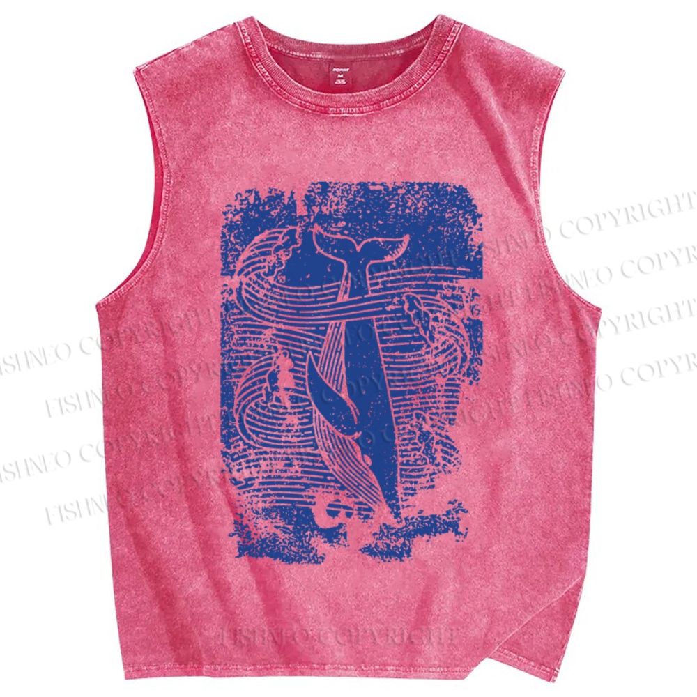 Unisex Vintage Wave Whale Printed Washed Tank Top