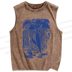 Unisex Vintage Wave Whale Printed Washed Tank Top