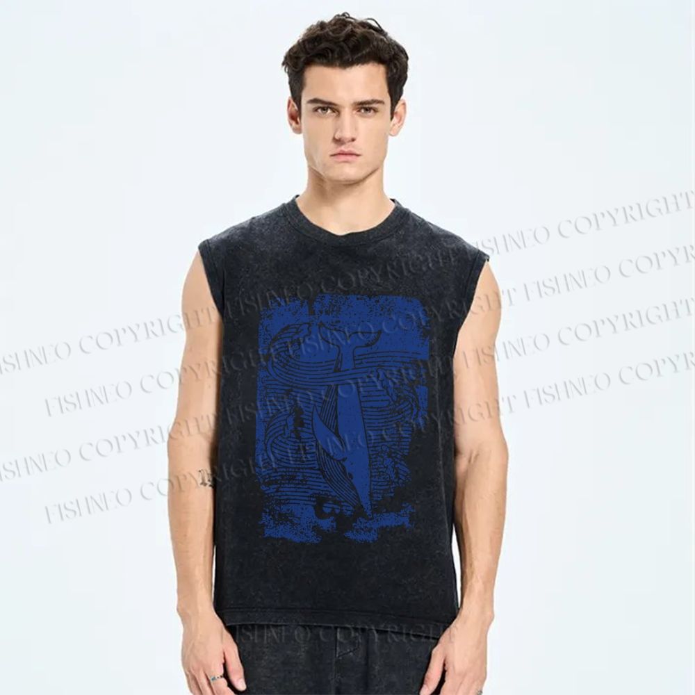 Unisex Vintage Wave Whale Printed Washed Tank Top