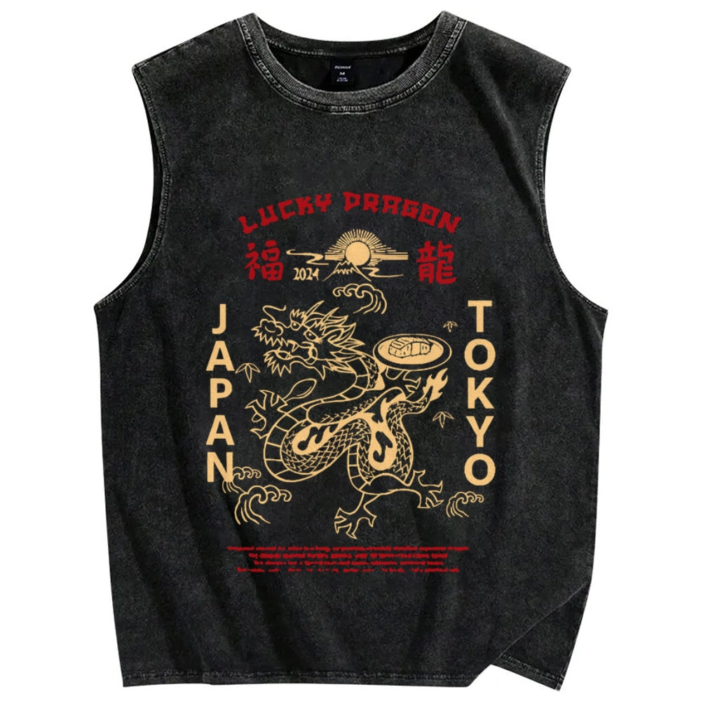 Japanese Lucky Dragon Vintage Distressed Washed Tank Top