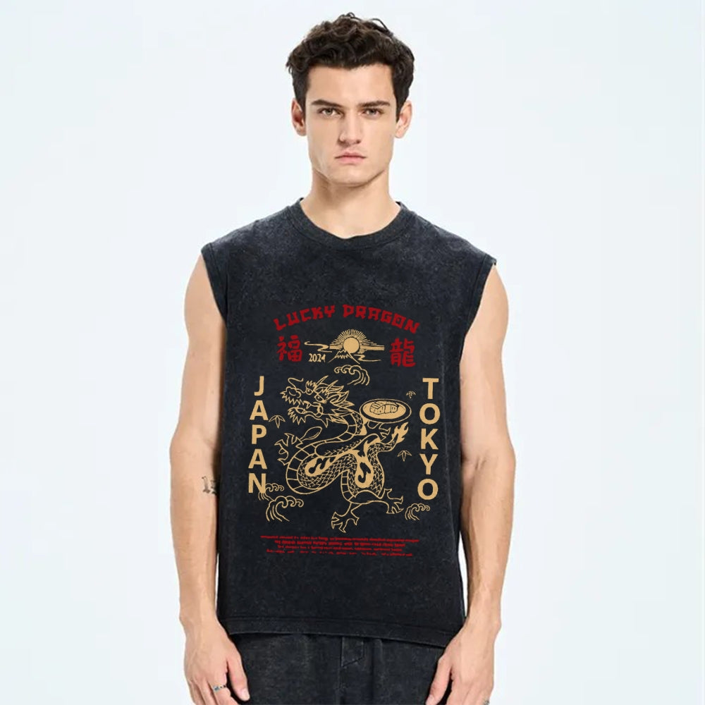 Japanese Lucky Dragon Vintage Distressed Washed Tank Top
