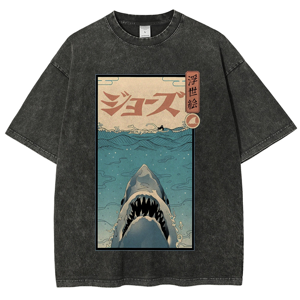 Ukiyoe Shark Jaws Vintage Wash Japanese Design T-Shirt