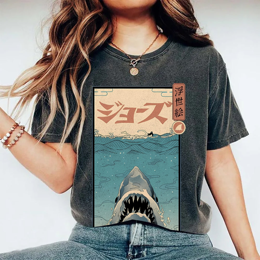 Ukiyoe Shark Jaws Vintage Wash Japanese Design T-Shirt
