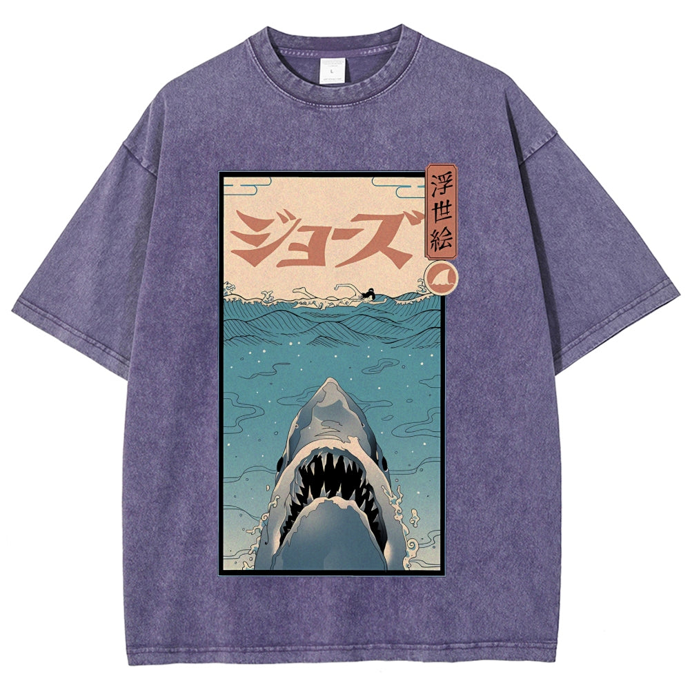Ukiyoe Shark Jaws Vintage Wash Japanese Design T-Shirt