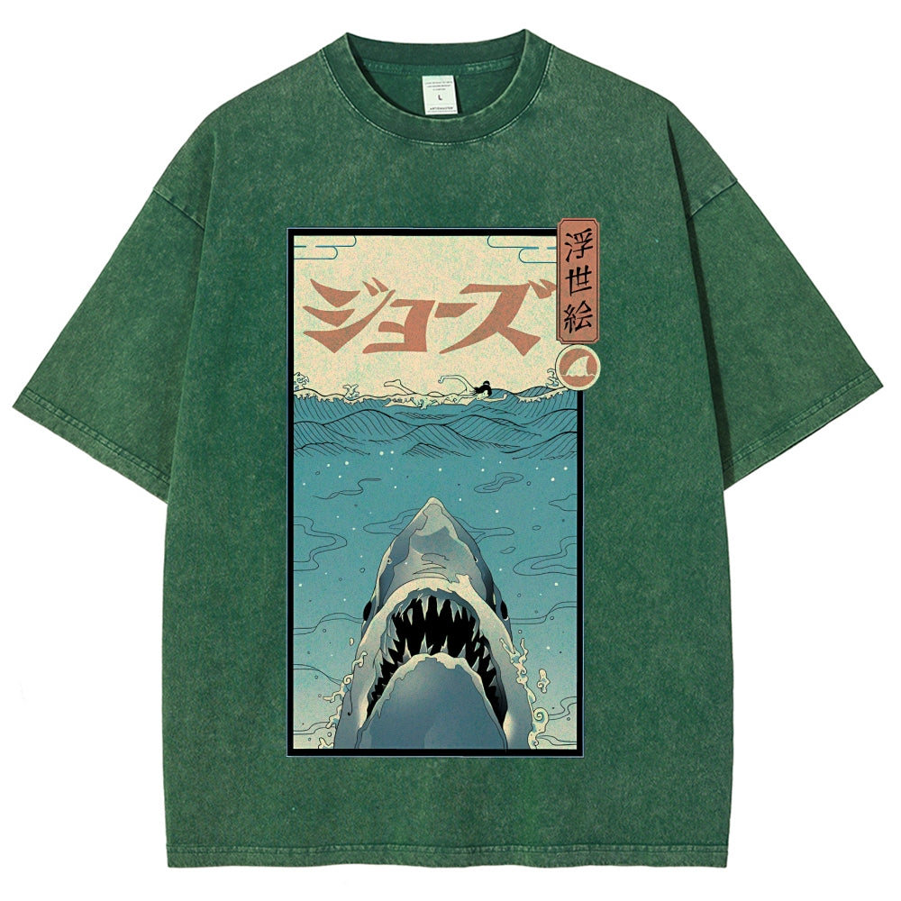 Ukiyoe Shark Jaws Vintage Wash Japanese Design T-Shirt