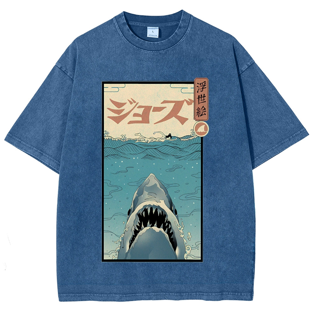 Ukiyoe Shark Jaws Vintage Wash Japanese Design T-Shirt