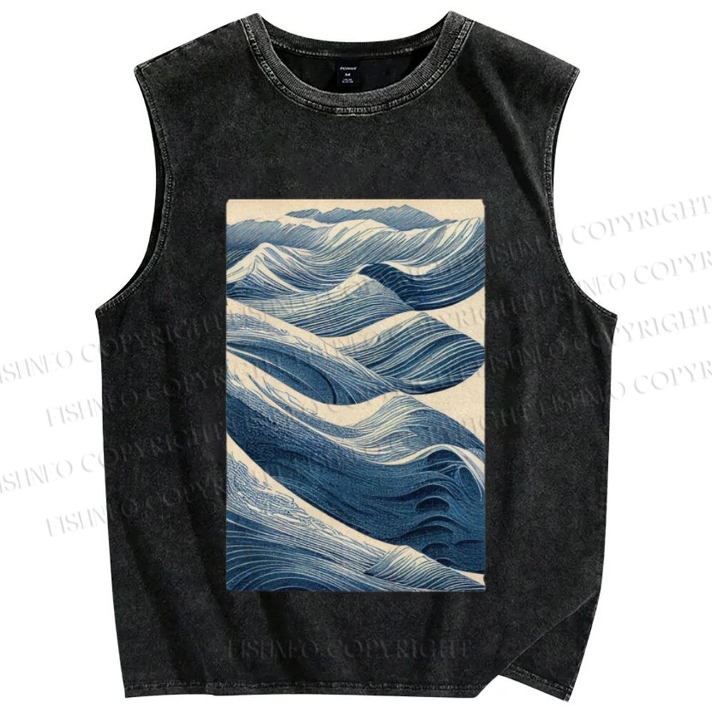 Unisex Japanese Wave Printed Washed Tank Top