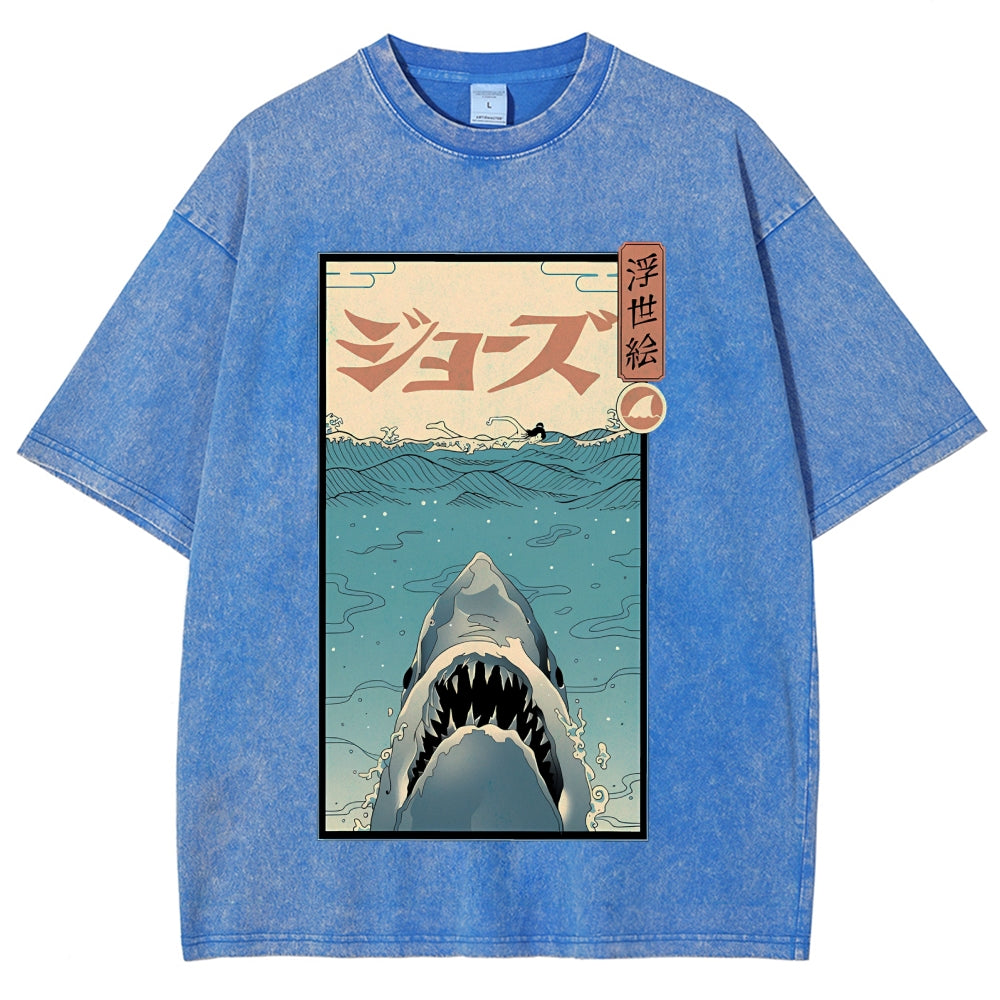 Ukiyoe Shark Jaws Vintage Wash Japanese Design T-Shirt