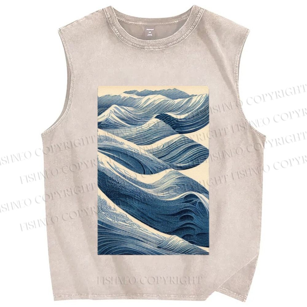 Unisex Japanese Wave Printed Washed Tank Top