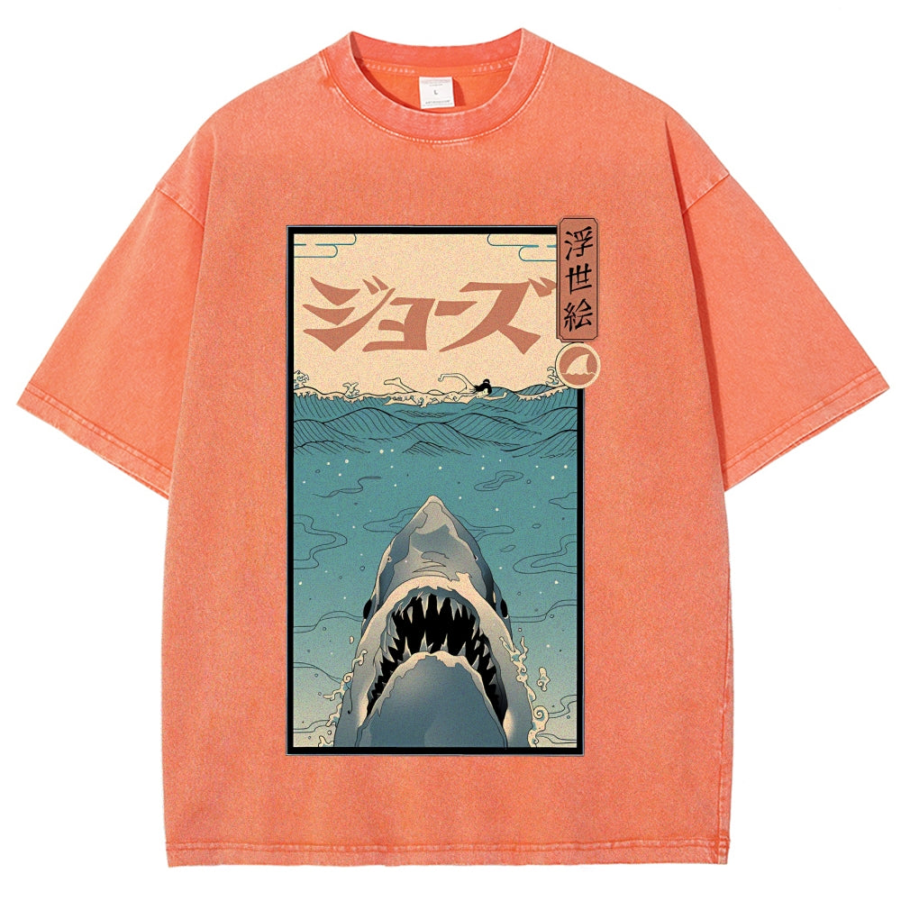 Ukiyoe Shark Jaws Vintage Wash Japanese Design T-Shirt