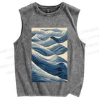 Unisex Japanese Wave Printed Washed Tank Top