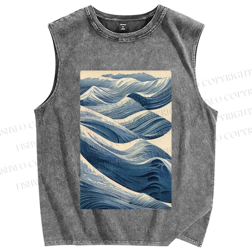 Unisex Japanese Wave Printed Washed Tank Top