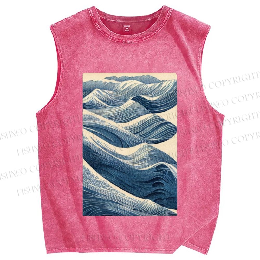 Unisex Japanese Wave Printed Washed Tank Top