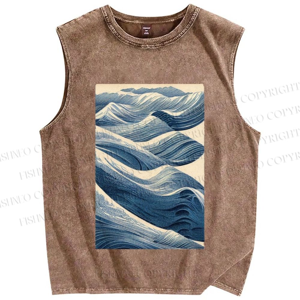 Unisex Japanese Wave Printed Washed Tank Top