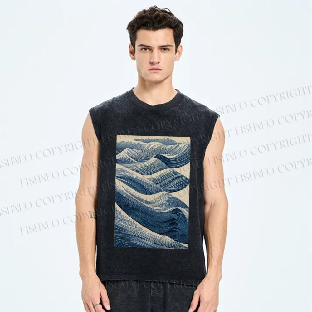 Unisex Japanese Wave Printed Washed Tank Top