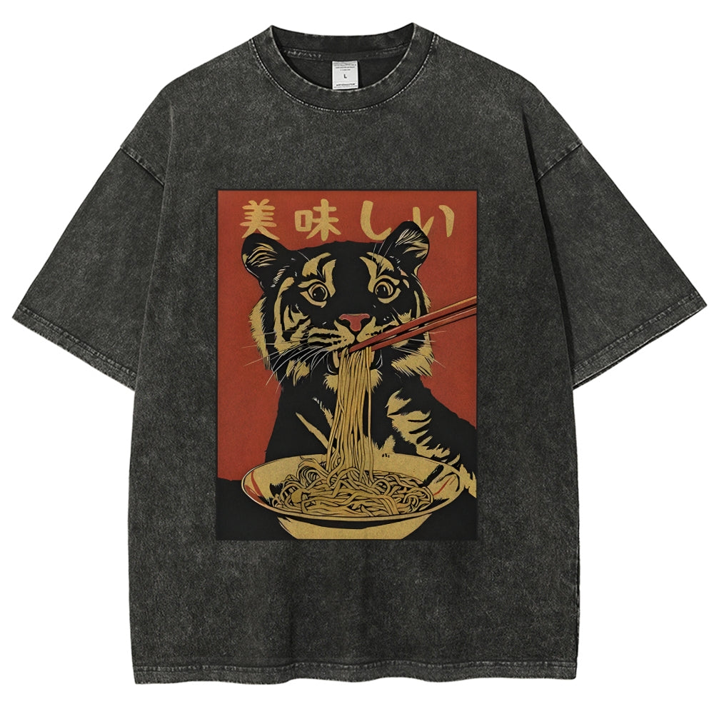 Tiger Eating Delicious Ramen Washed T-Shirt