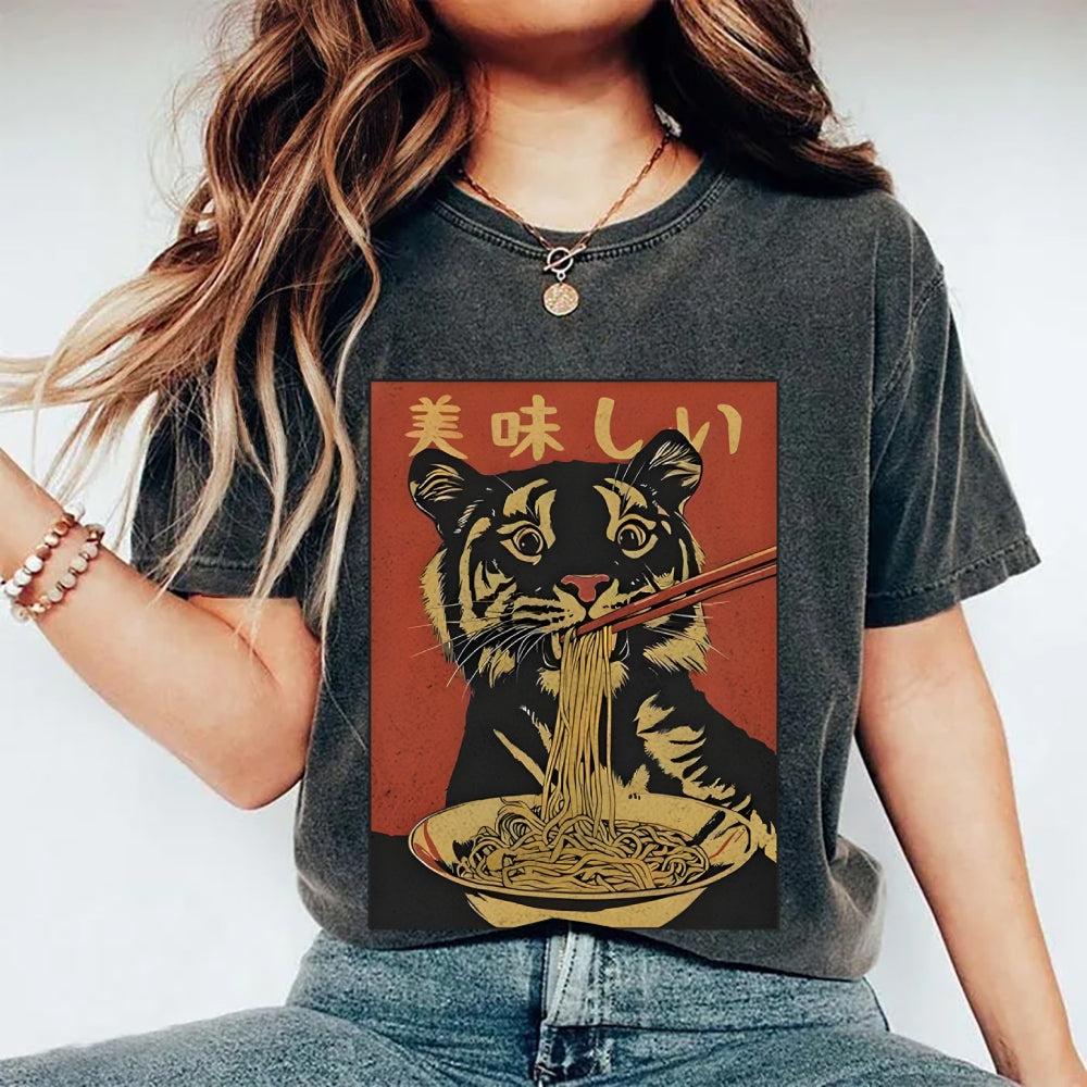 Tiger Eating Delicious Ramen Washed T-Shirt