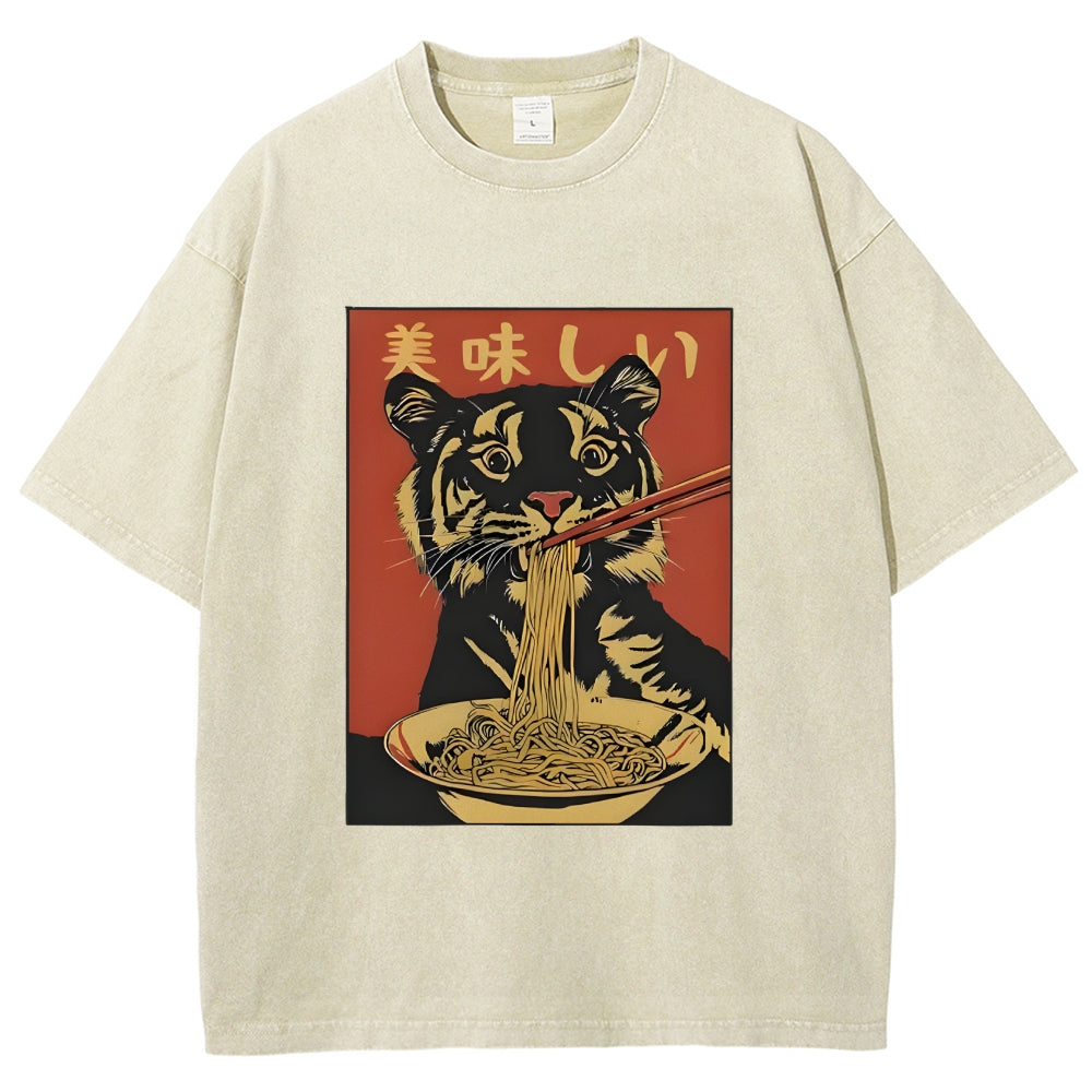 Tiger Eating Delicious Ramen Washed T-Shirt