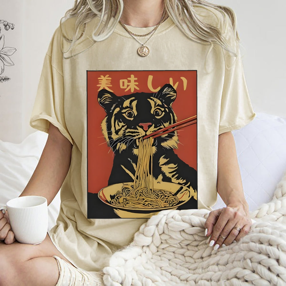 Tiger Eating Delicious Ramen Washed T-Shirt