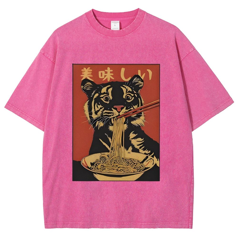 Tiger Eating Delicious Ramen Washed T-Shirt