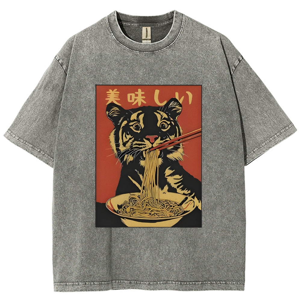 Tiger Eating Delicious Ramen Washed T-Shirt