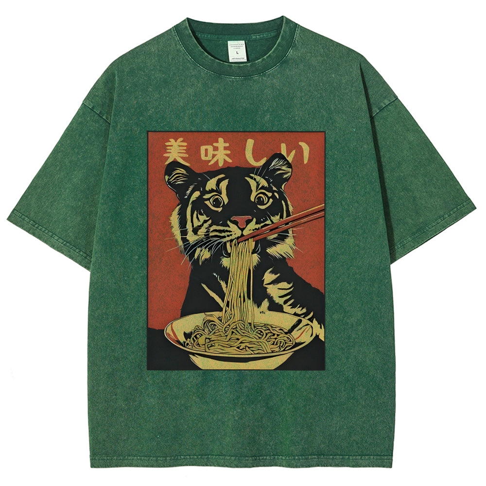 Tiger Eating Delicious Ramen Washed T-Shirt