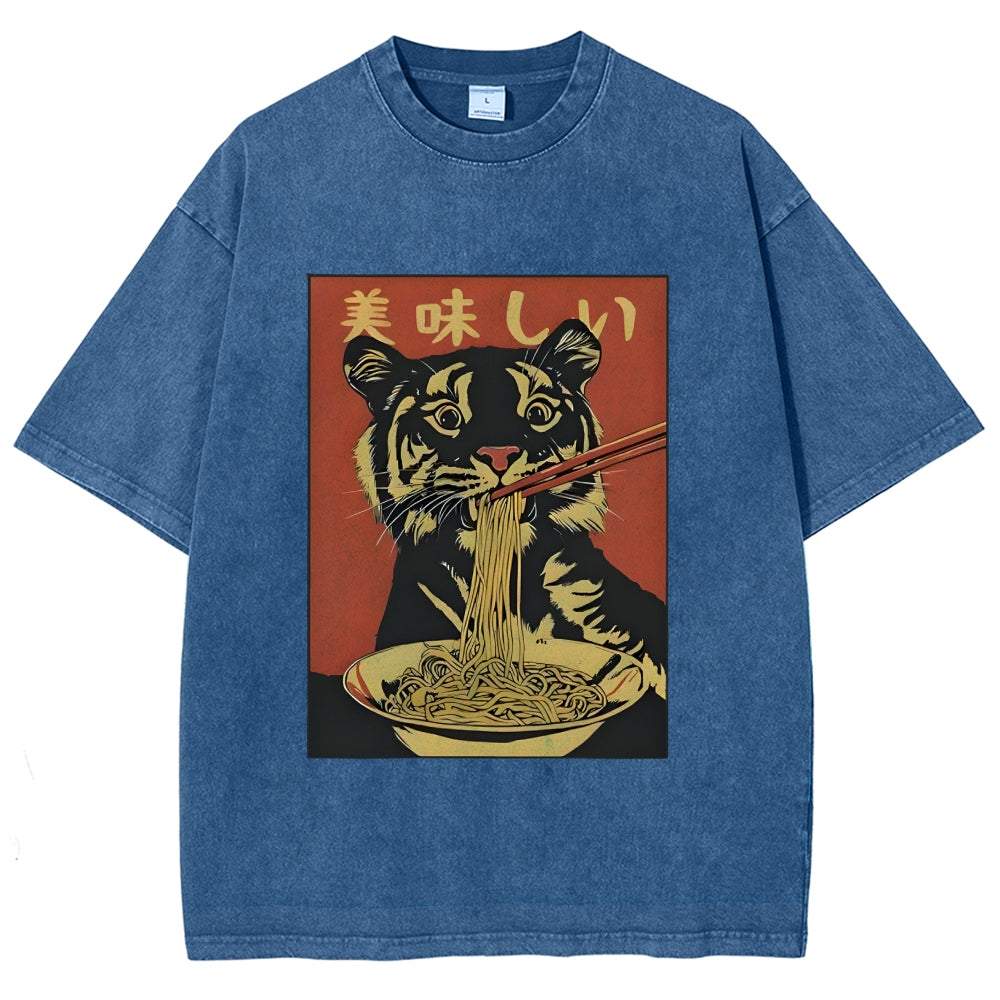 Tiger Eating Delicious Ramen Washed T-Shirt