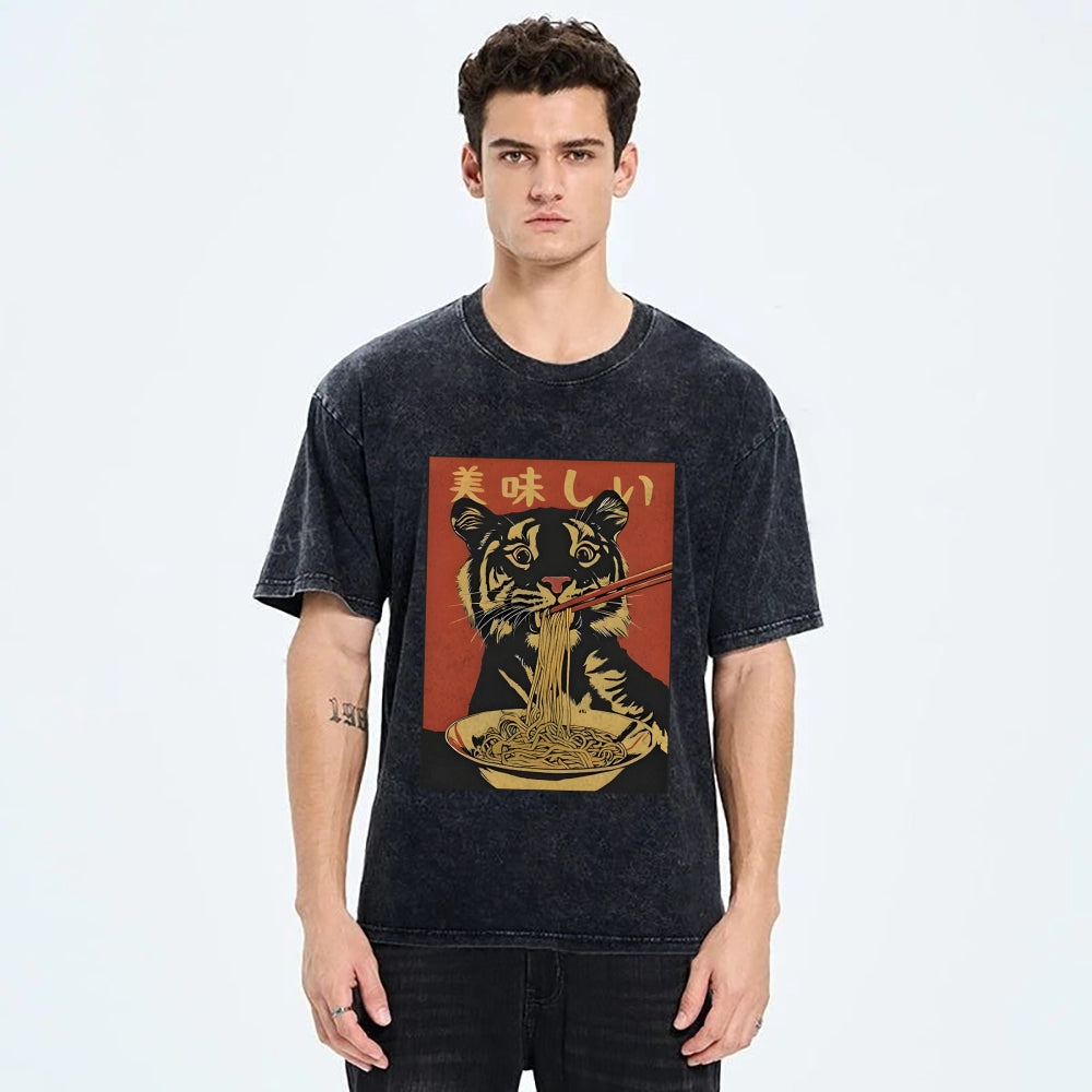Tiger Eating Delicious Ramen Washed T-Shirt