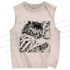 Unisex Crazy Cat Printed Washed Tank Top