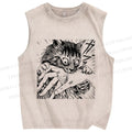 Unisex Crazy Cat Printed Washed Tank Top