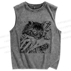 Unisex Crazy Cat Printed Washed Tank Top