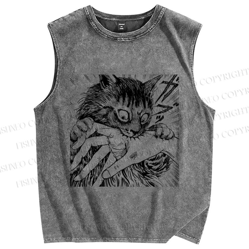Unisex Crazy Cat Printed Washed Tank Top