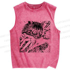 Unisex Crazy Cat Printed Washed Tank Top