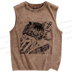 Unisex Crazy Cat Printed Washed Tank Top