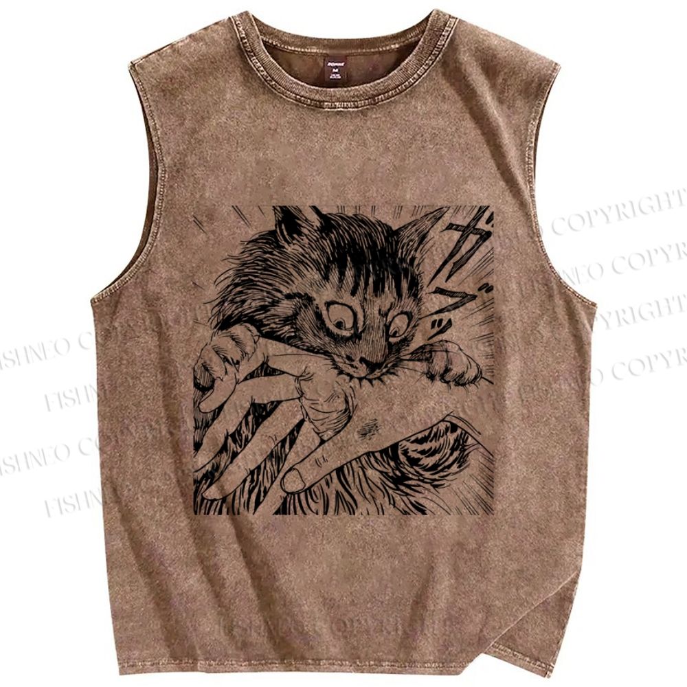 Unisex Crazy Cat Printed Washed Tank Top