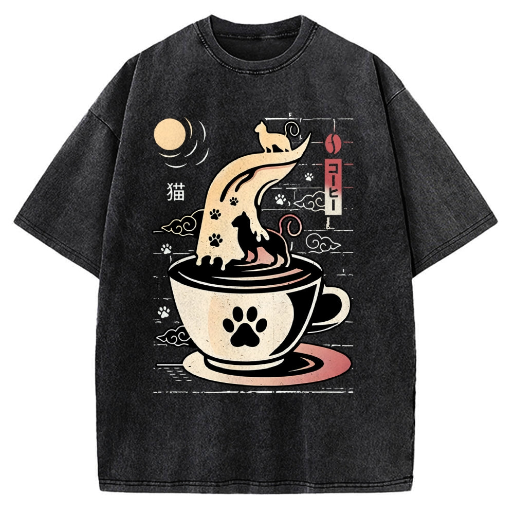 Coffee Night Japanese Cats Vintage Washed T-shirt