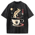 Coffee Night Japanese Cats Vintage Washed T-shirt
