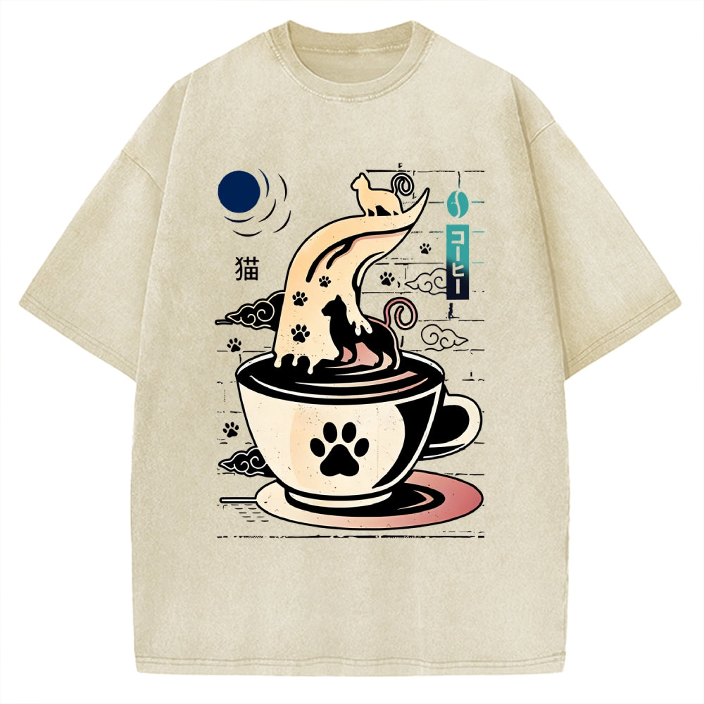 Coffee Night Japanese Cats Vintage Washed T-shirt