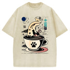 Coffee Night Japanese Cats Vintage Washed T-shirt