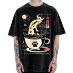 Coffee Night Japanese Cats Vintage Washed T-shirt