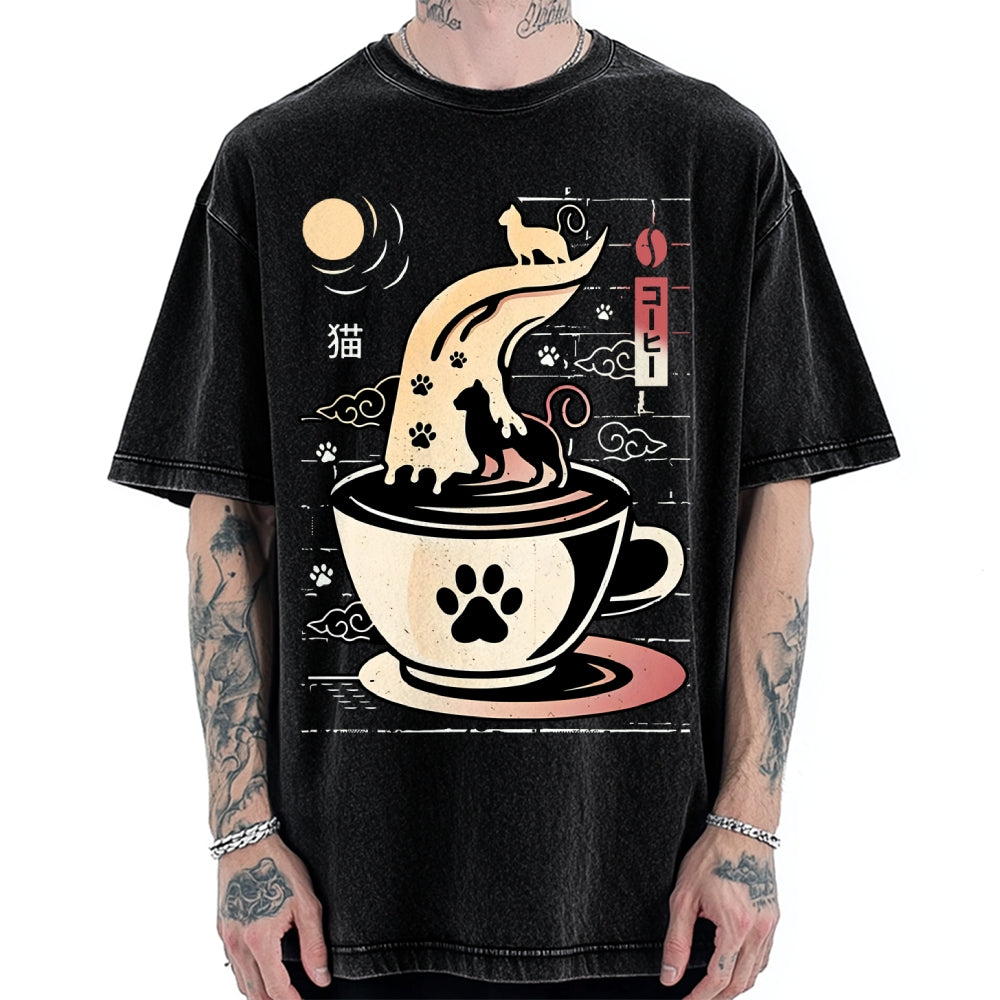 Coffee Night Japanese Cats Vintage Washed T-shirt