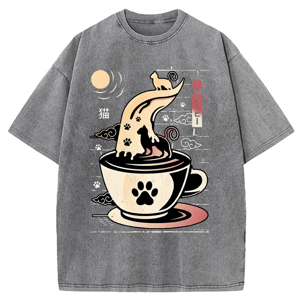 Coffee Night Japanese Cats Vintage Washed T-shirt