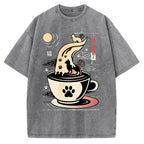 Coffee Night Japanese Cats Vintage Washed T-shirt