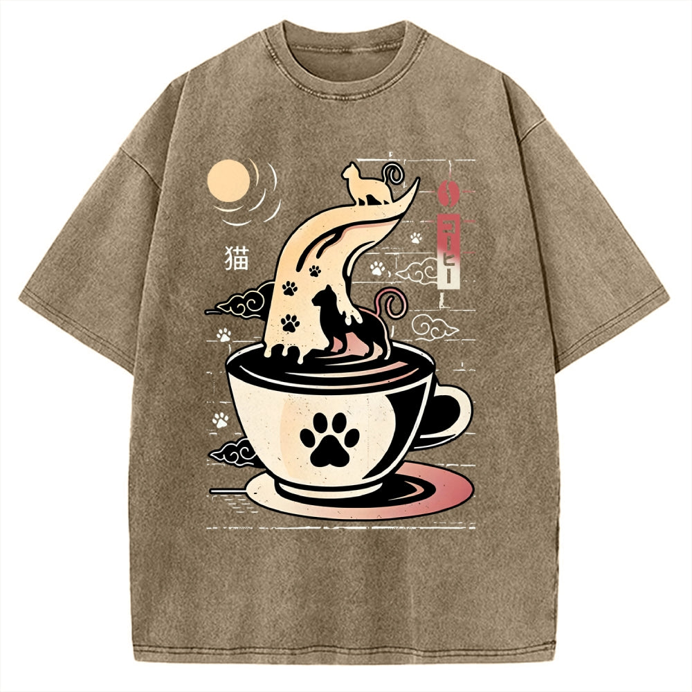 Coffee Night Japanese Cats Vintage Washed T-shirt