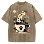 Coffee Night Japanese Cats Vintage Washed T-shirt
