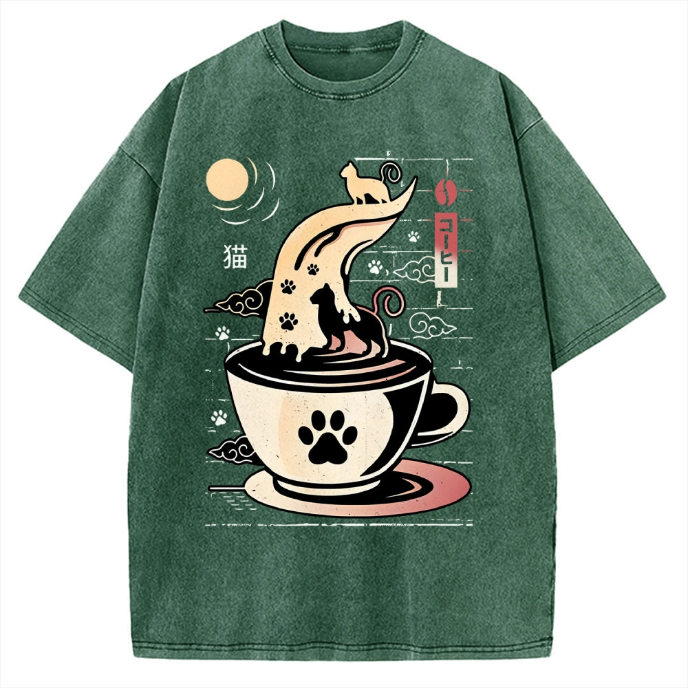 Coffee Night Japanese Cats Vintage Washed T-shirt
