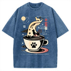 Coffee Night Japanese Cats Vintage Washed T-shirt